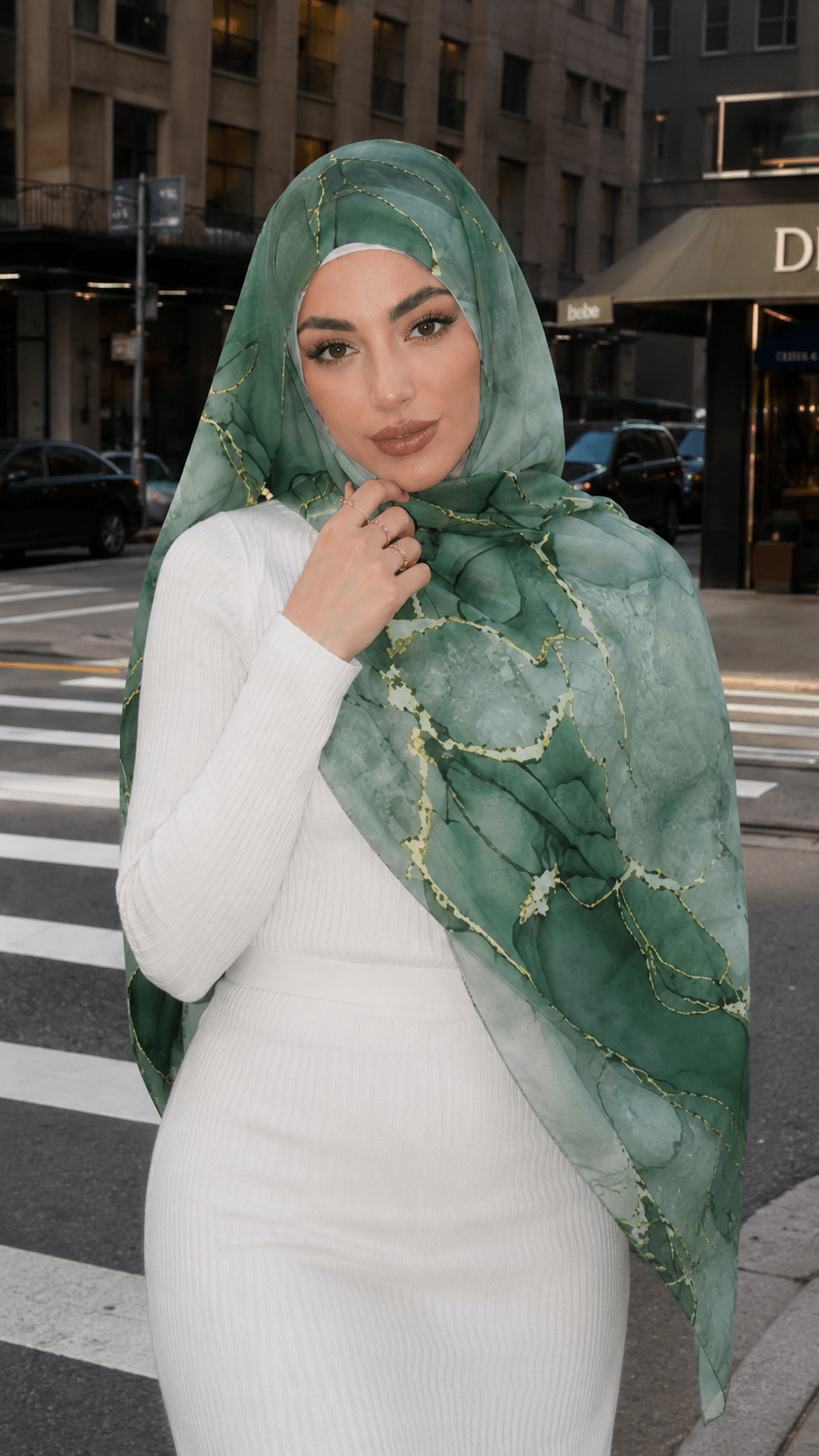 RY70 Moss Green Gold Leaf Vein Tropical Hijab Shawl – Botanical Watercolor Women's Head Scarf (80×180cm) - Raya
