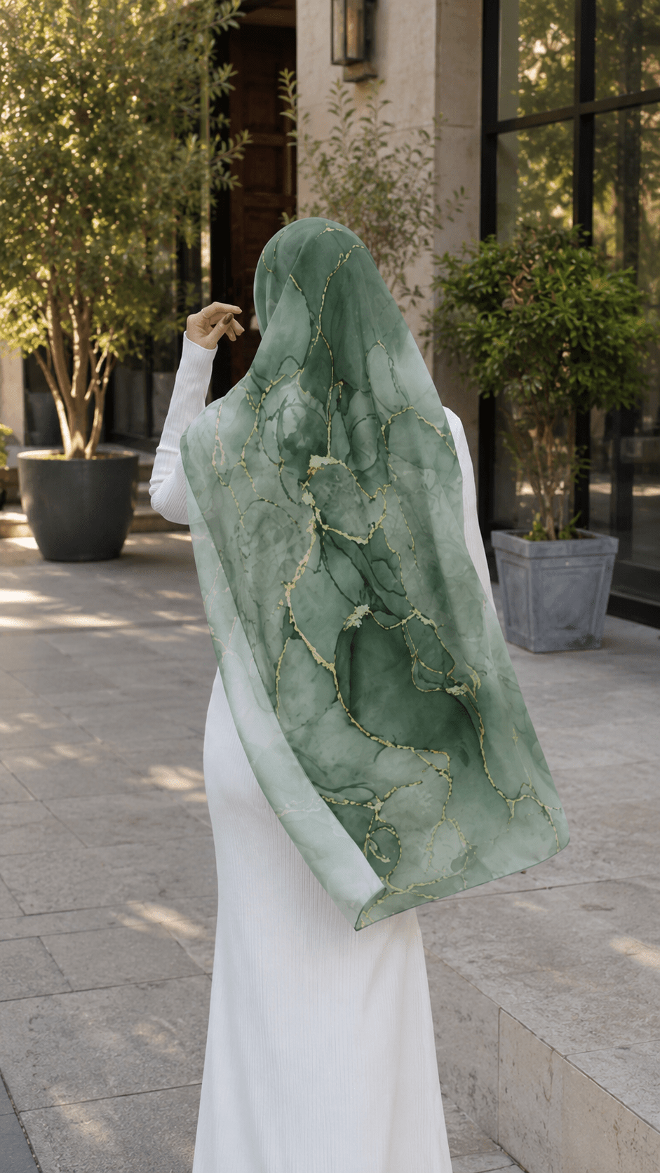 RY70 Moss Green Gold Leaf Vein Tropical Hijab Shawl – Botanical Watercolor Women's Head Scarf (80×180cm) - Raya