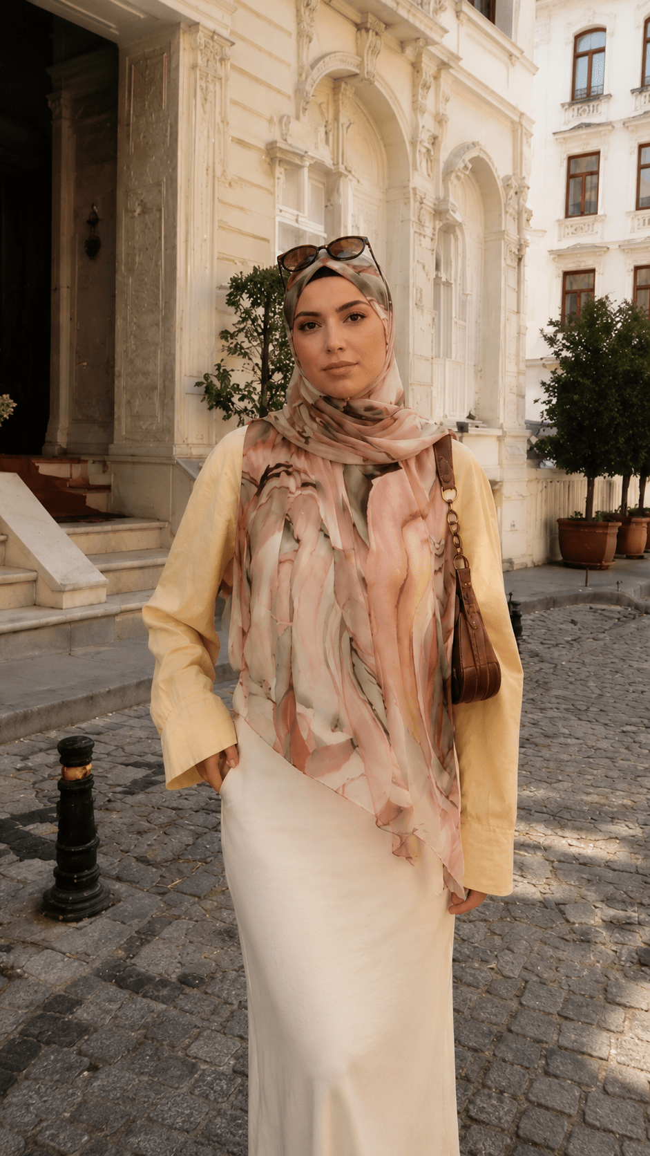 RY72 Camel Brown Black Swirl Marble Hijab Shawl – Agate Watercolor Women's Head Scarf (80×180cm) - Raya