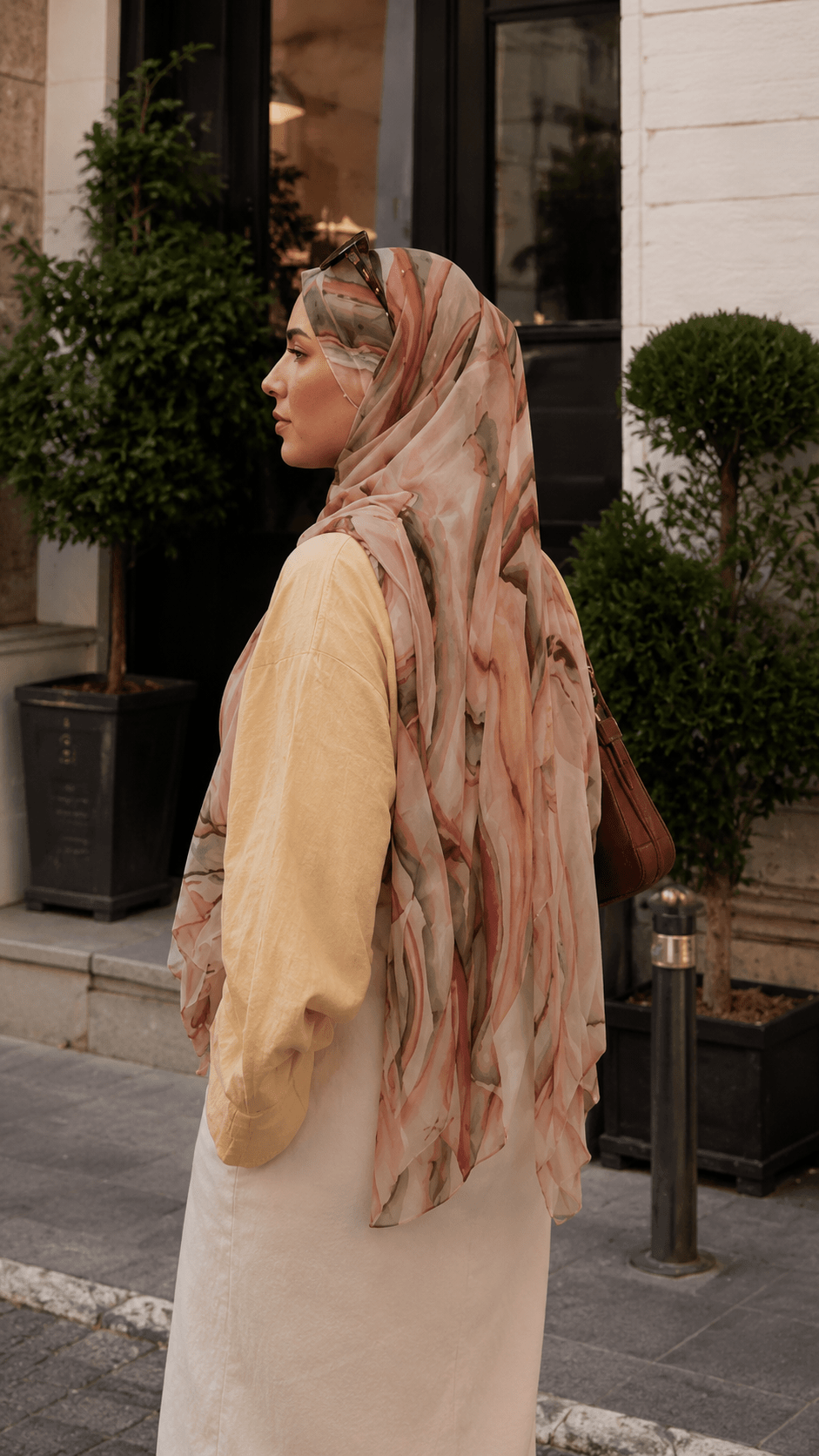 RY72 Camel Brown Black Swirl Marble Hijab Shawl – Agate Watercolor Women's Head Scarf (80×180cm) - Raya