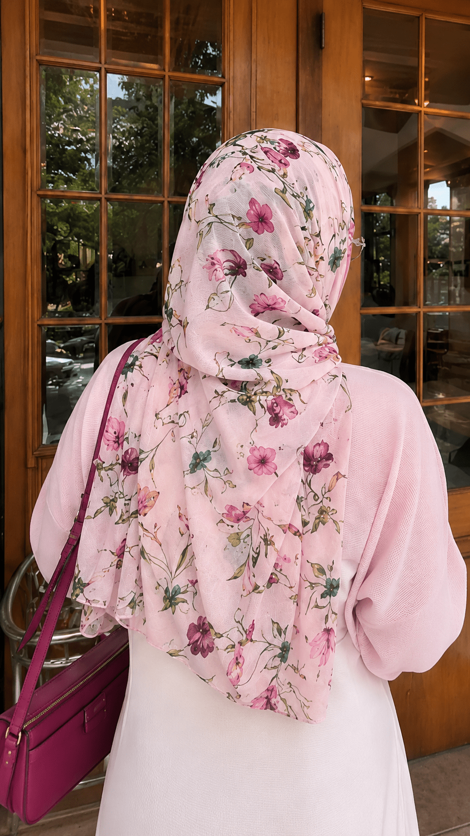 RY82 Blush Pink Rose Floral Vine Hijab Shawl – Botanical Garden Women's Head Scarf (80×180cm) - Raya