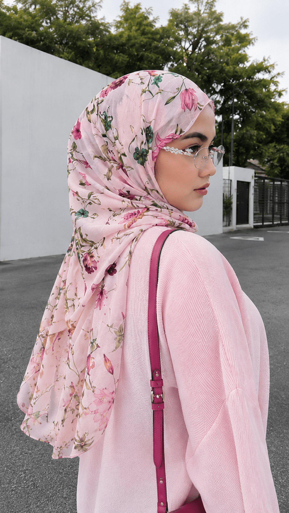 RY82 Blush Pink Rose Floral Vine Hijab Shawl – Botanical Garden Women's Head Scarf (80×180cm) - Raya