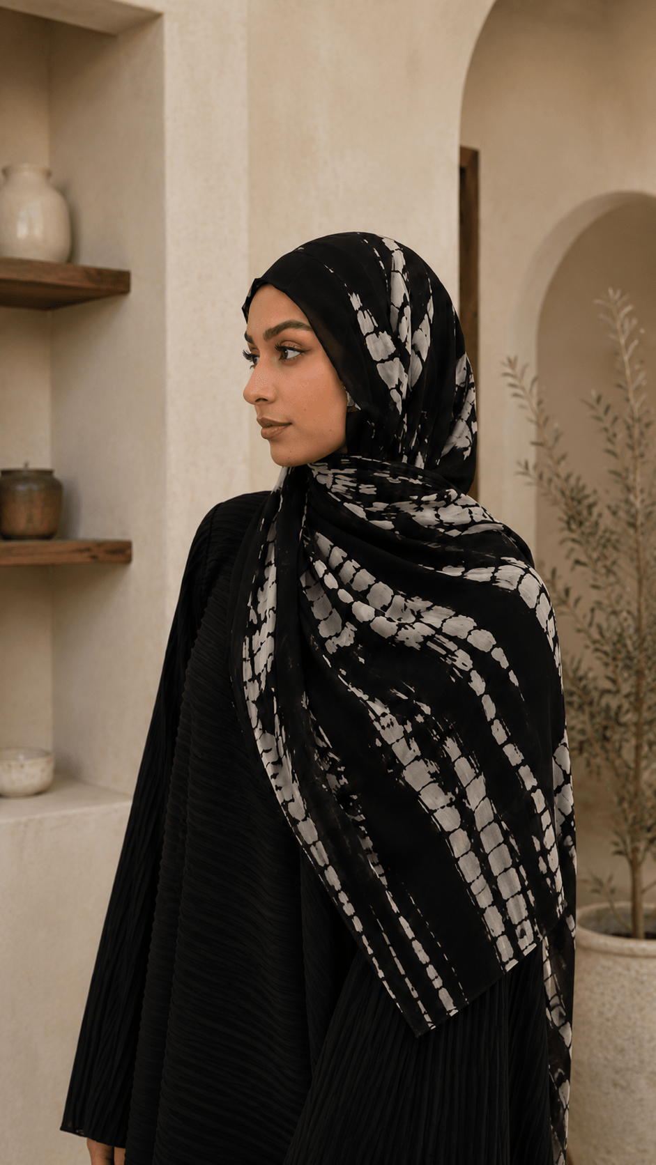 RY83 Black White Tie Dye Shibori Hijab Shawl – Abstract Spot Women's Head Scarf (80×180cm) - Raya