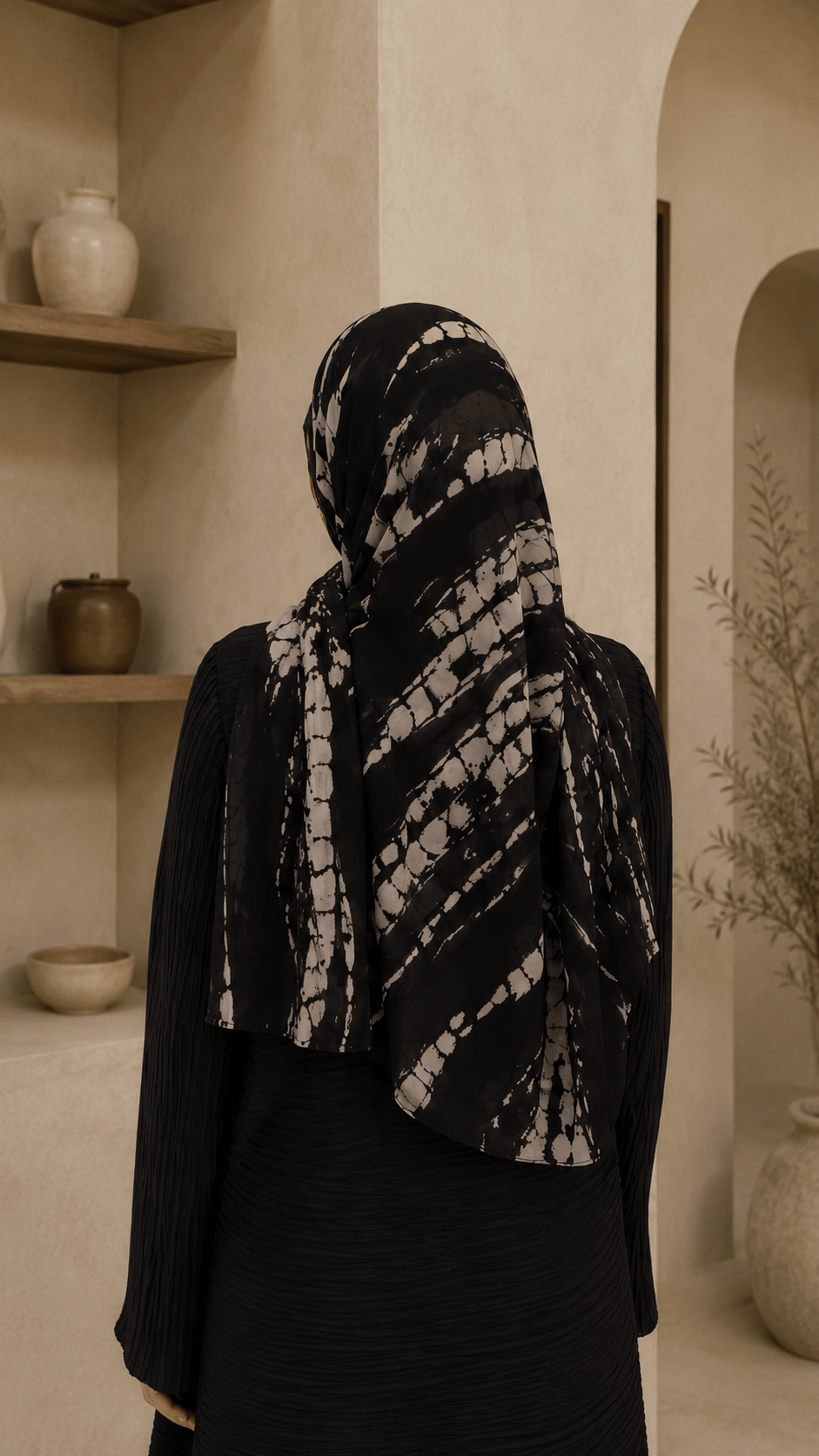 RY83 Black White Tie Dye Shibori Hijab Shawl – Abstract Spot Women's Head Scarf (80×180cm) - Raya