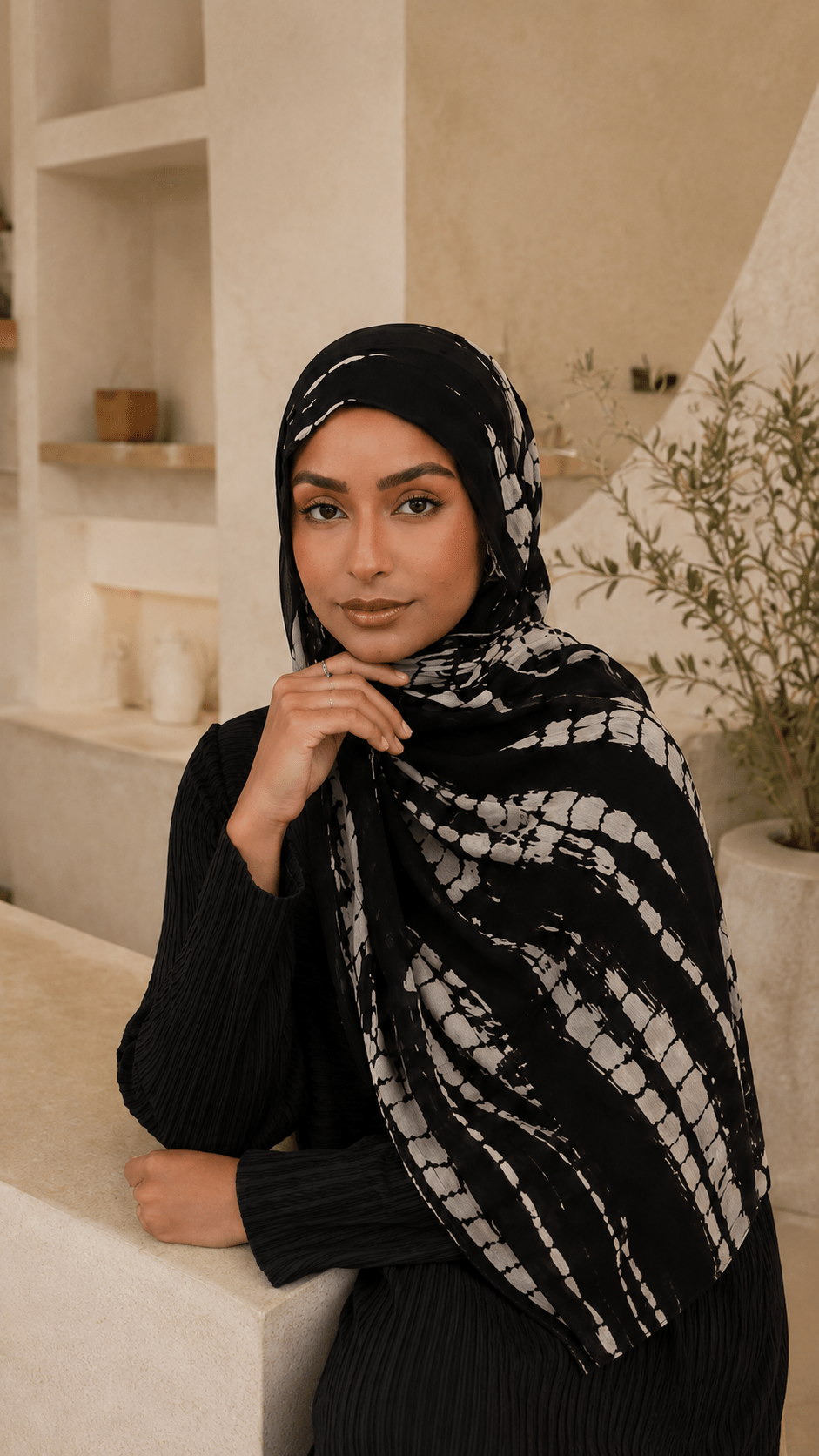 RY83 Black White Tie Dye Shibori Hijab Shawl – Abstract Spot Women's Head Scarf (80×180cm) - Raya