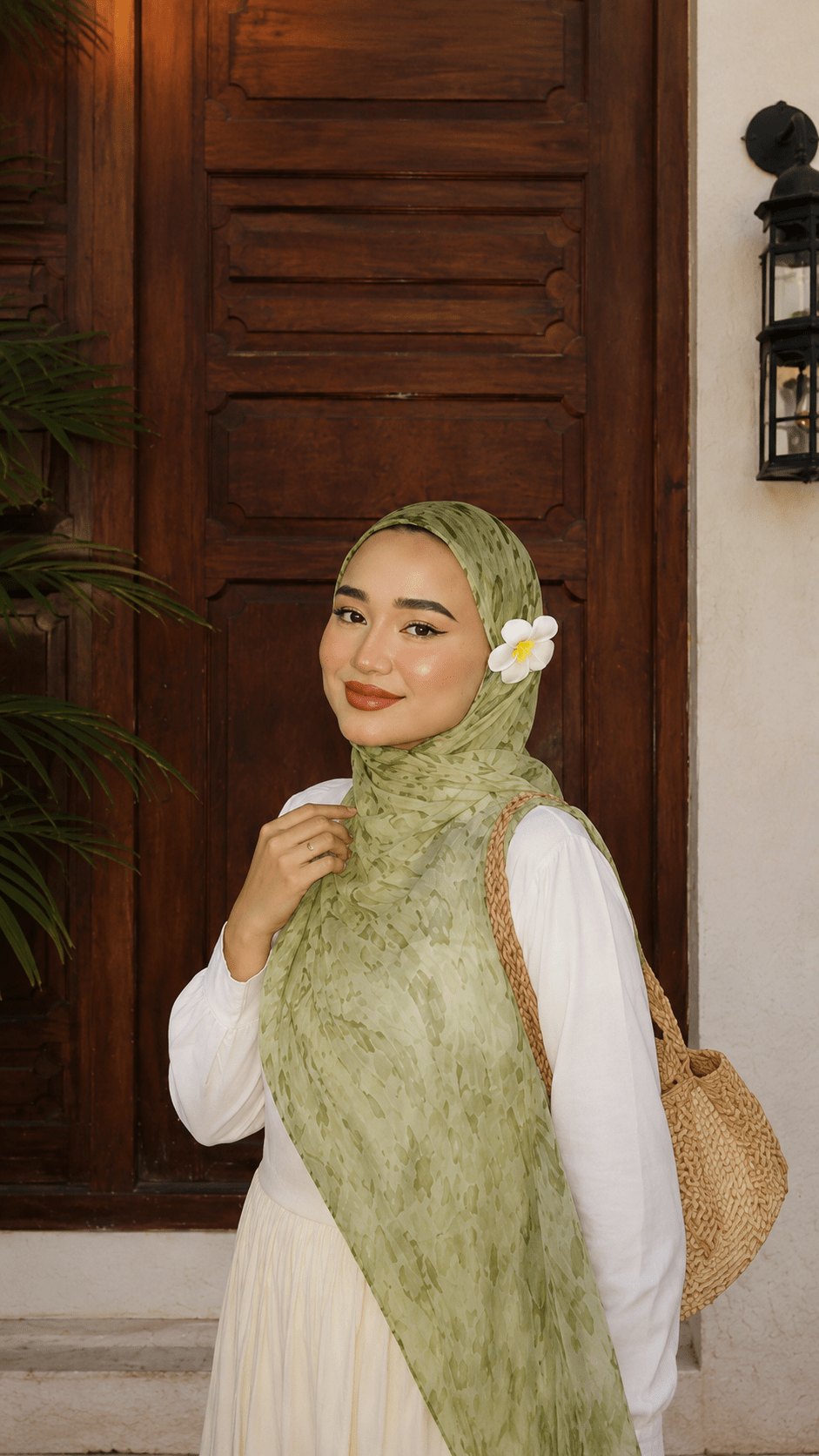 RY84 Olive Green Moss Leaf Speckle Hijab Shawl – Nature Print Women's Head Scarf (80×180cm) - Raya