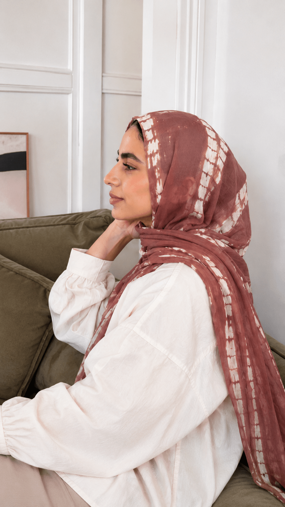 RY97 Rose Brown Gold Diamond Shibori Hijab Shawl – Tie Dye Women's Head Scarf (80×180cm) - Raya