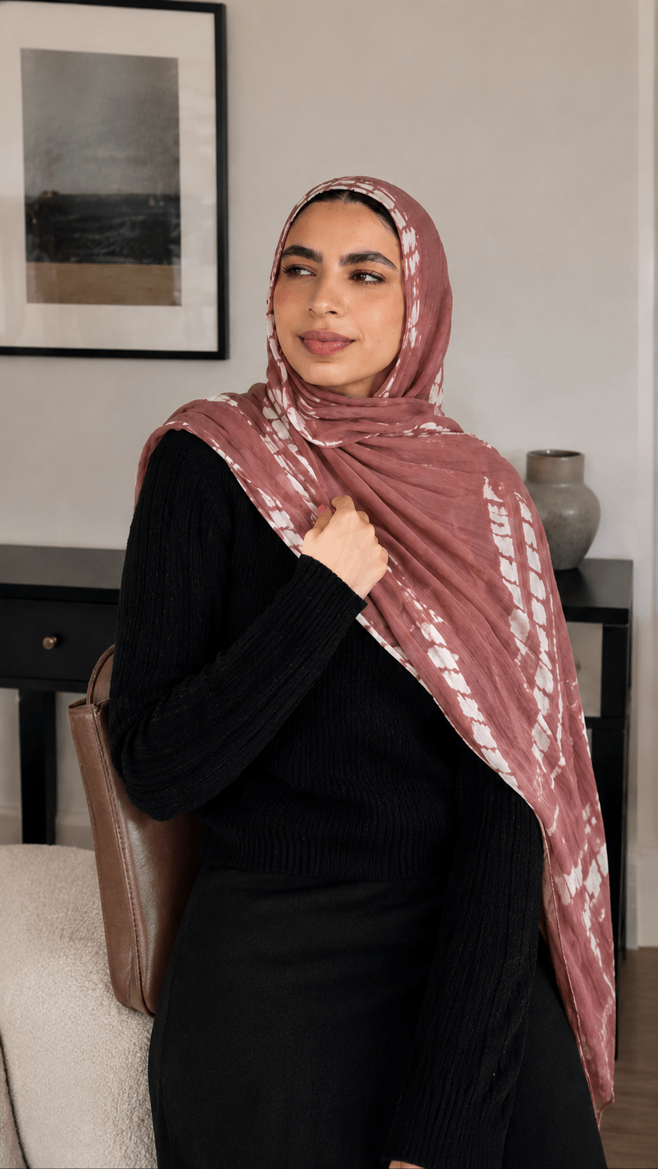 RY97 Rose Brown Gold Diamond Shibori Hijab Shawl – Tie Dye Women's Head Scarf (80×180cm) - Raya