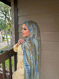 RY99 Olive Green Blue Grey Crackle Net Hijab Shawl – Shibori Texture Women's Head Scarf (80×180cm) - Raya