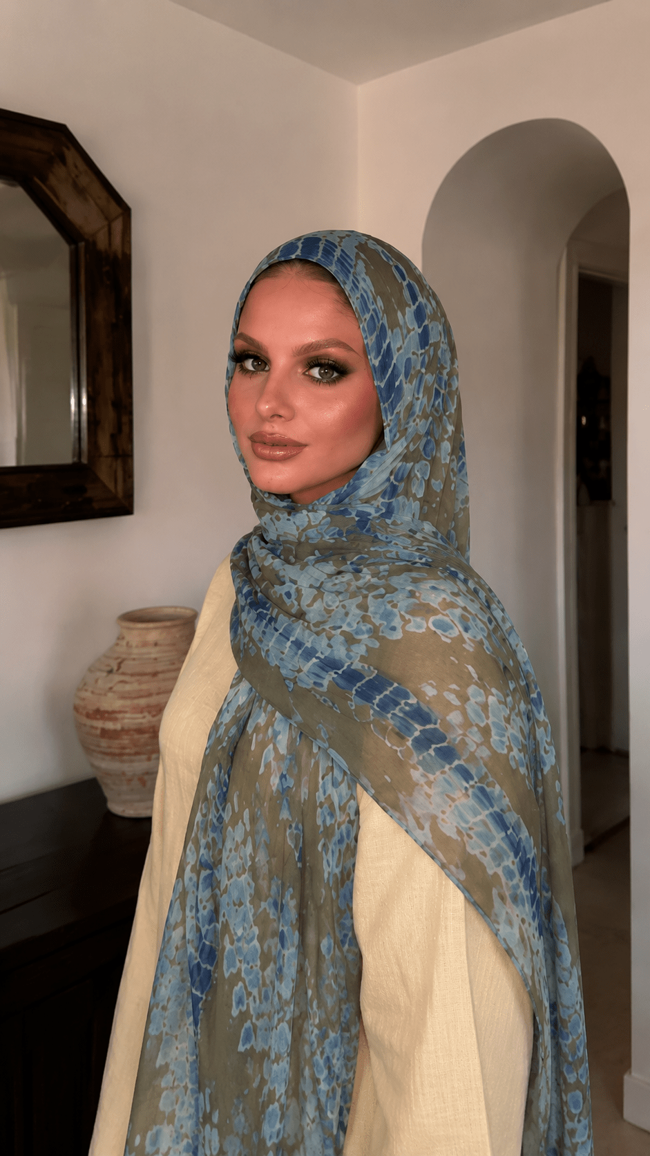 RY99 Olive Green Blue Grey Crackle Net Hijab Shawl – Shibori Texture Women's Head Scarf (80×180cm) - Raya